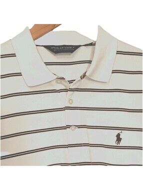 Ralph Lauren Polo Golf Shirt Size L  Off White Brown Stripe Pony Golf Preppy